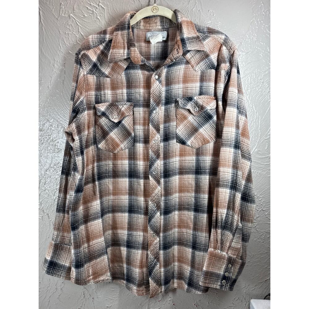 Wrangler Wrancher Flannel Pearl‎ Snap Shirt Mens Brown Plaid Long Sleeve Large